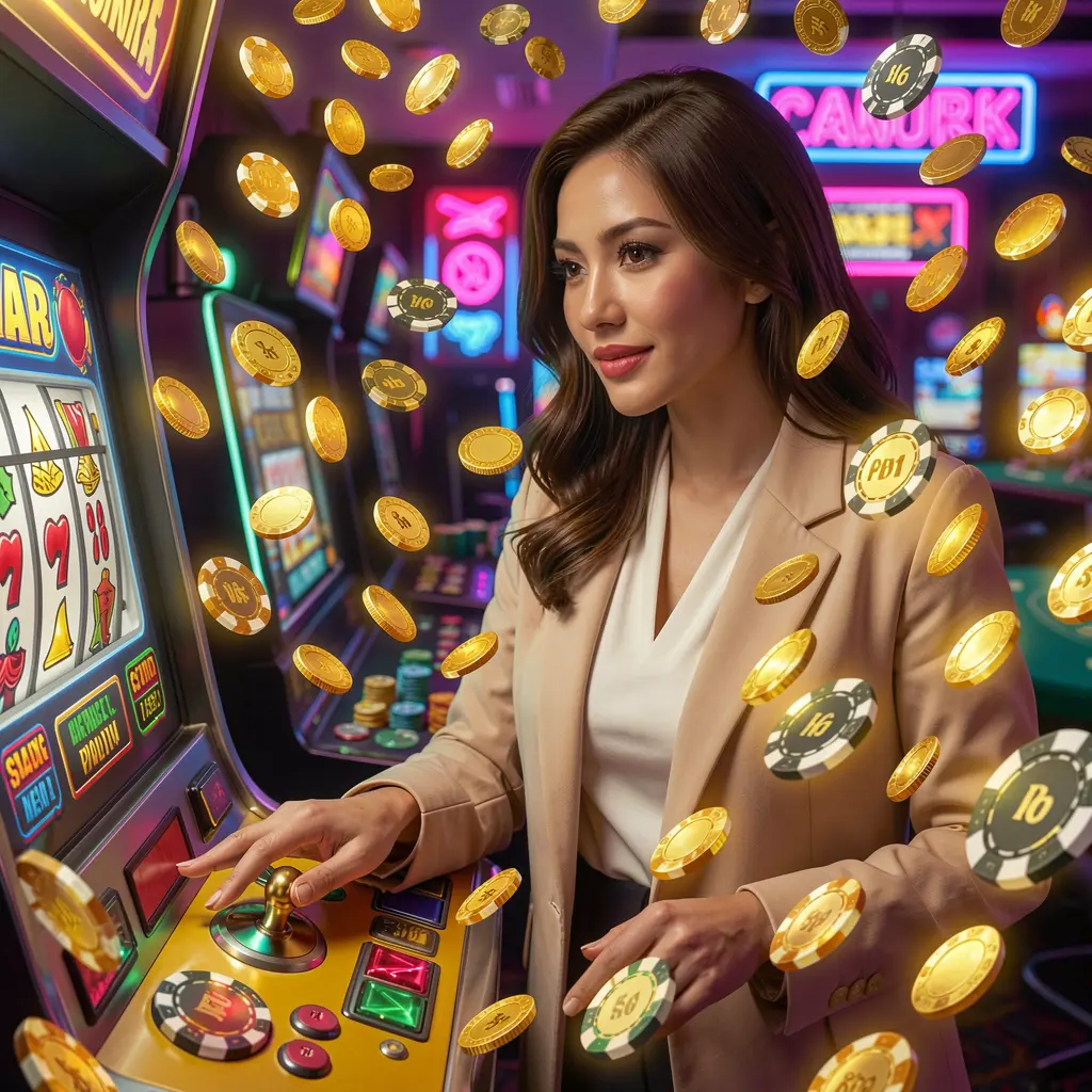 888CUCI – Start your slot adventure with real rewards in Malaysia A focused Malaysian woman enjoying vibrant slot machine gameplay with flying golden coins at 888CUCI casino atmosphere